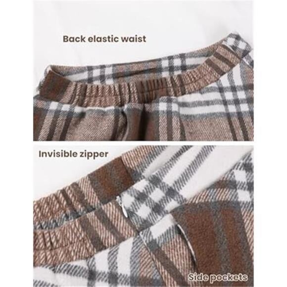 Women's Warm Elastic Waist Wool Plaid A-Line Skirt Brown - Picture 3 of 4